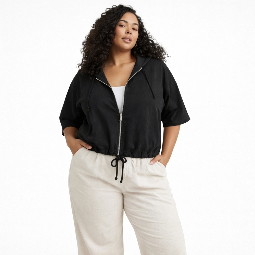 Torrid 3X Black Cropped Beach Hoodie Jacket Short Sleeve Cinch Waist